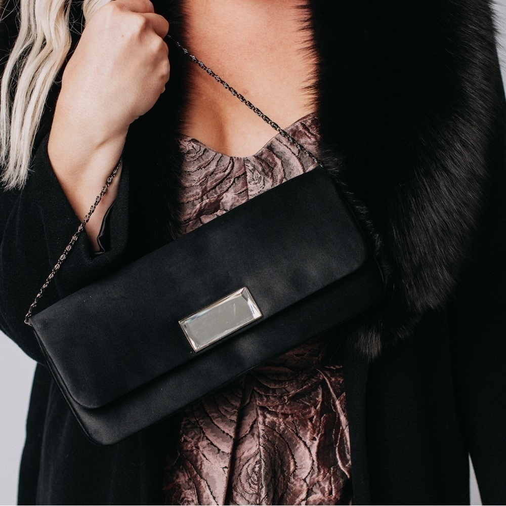 Aldo black satin large clutch with mirror detail. Smoke silver chain